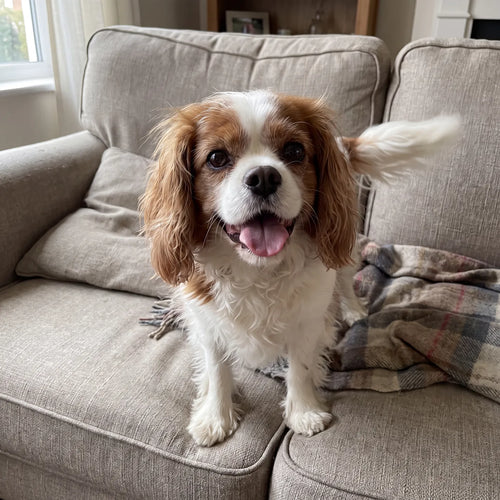 Noisette, Cavalier King Charles de 9 ans, debout sur le canapé
